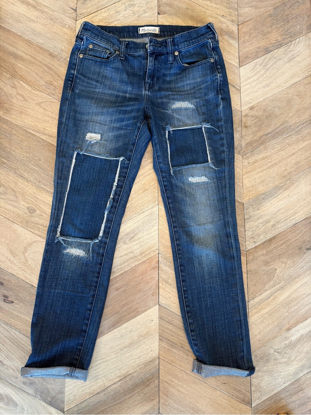 Madewell Slim boyfriend Dark Blue Distressed Patch Jeans